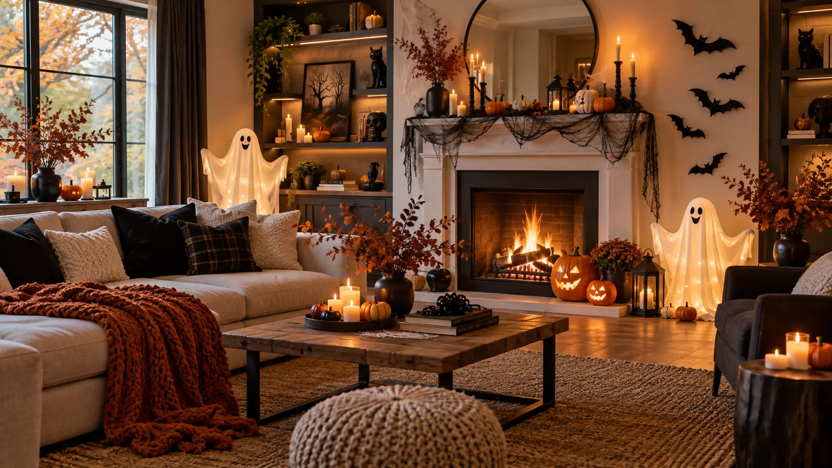 Cozy Halloween living room living room decorated with glowing pumpkins, fabric ghosts, bats, candles, and warm autumn accents.