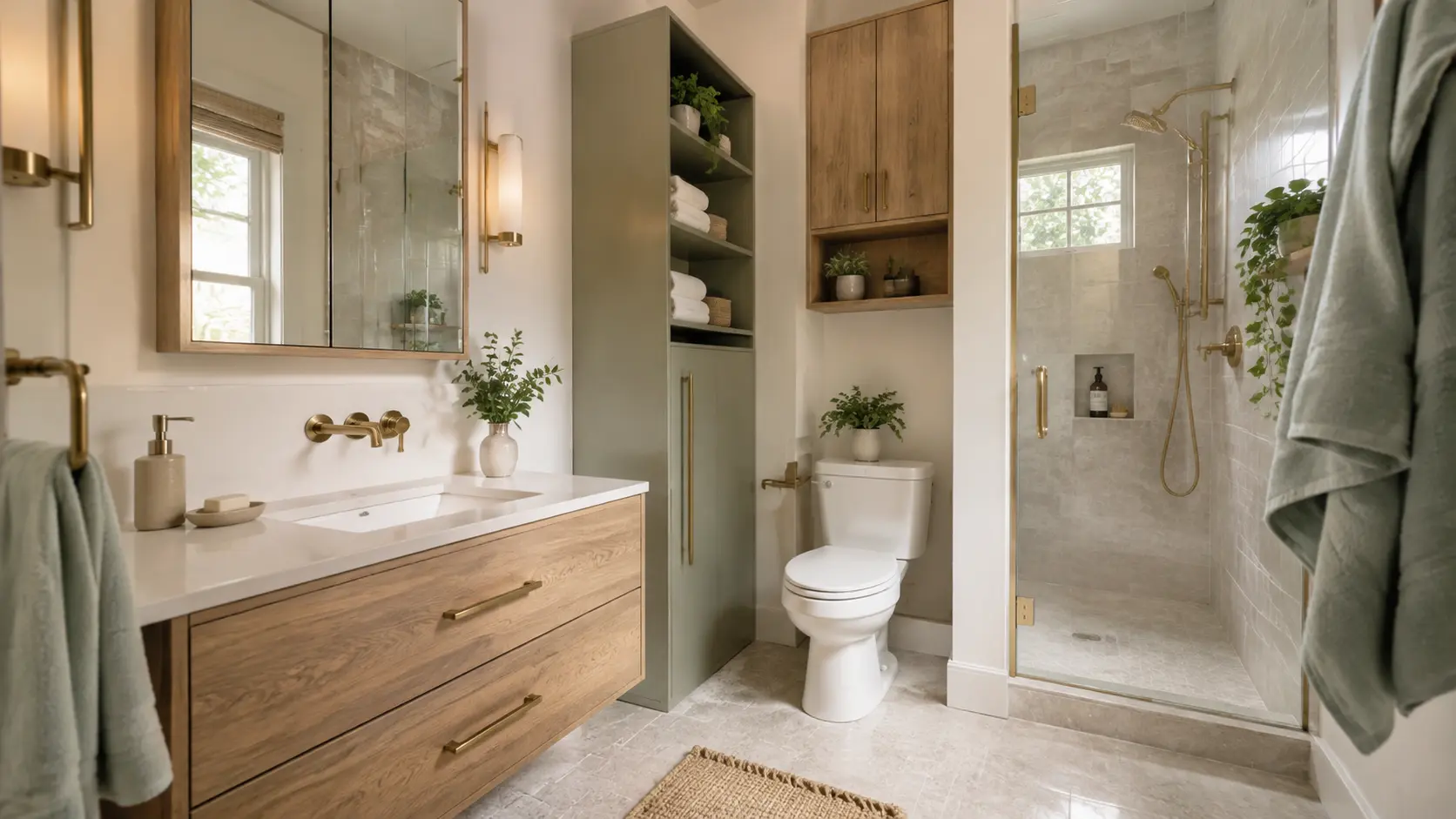 Small modern bathroom with floating oak vanity, tall storage cabinet, mirrored medicine cabinet, over-toilet shelving, and compact glass shower
