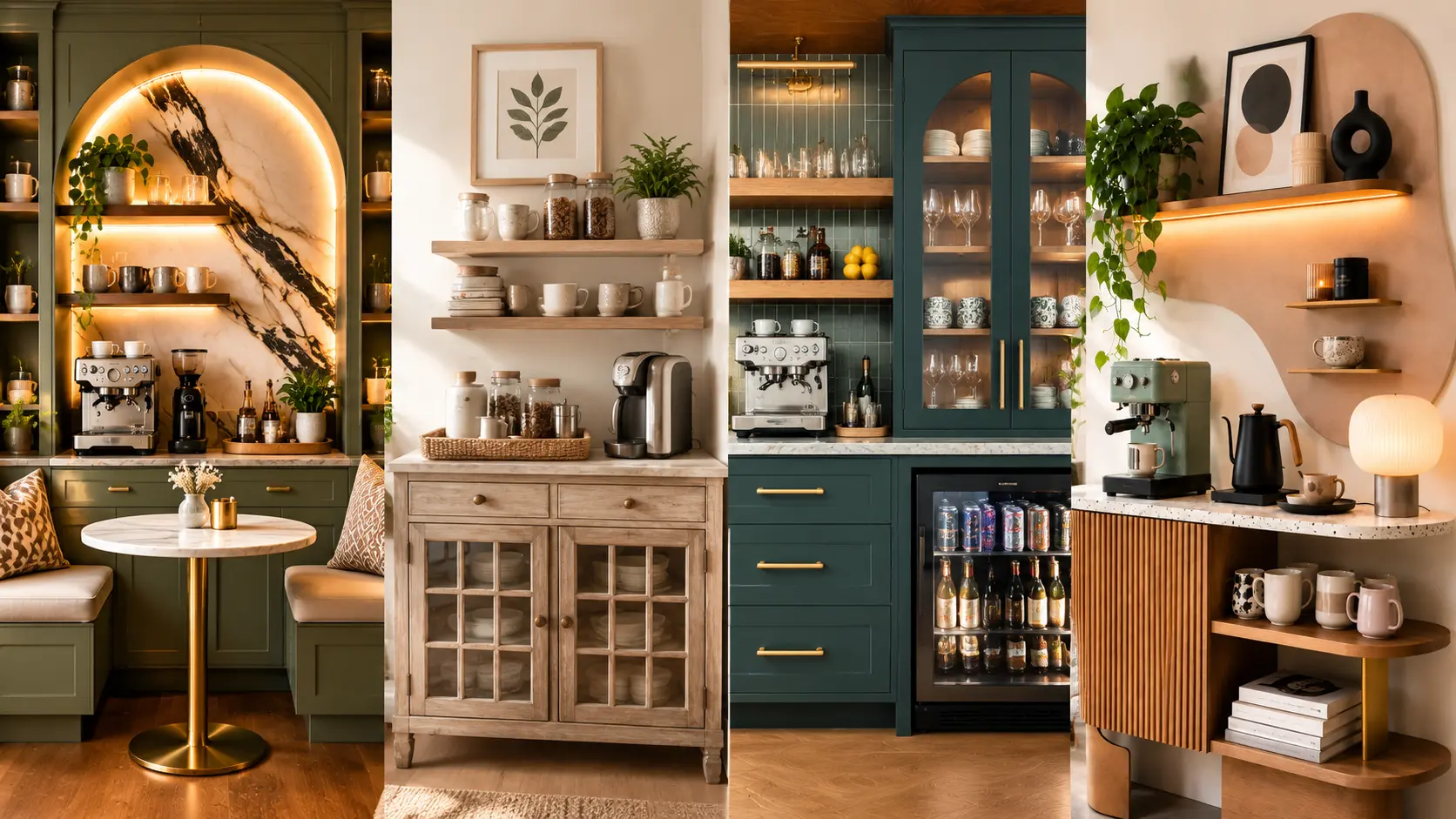 Elegant home coffee bar ideas featuring stylish café corners with espresso machines, warm lighting, wooden cabinets, green cabinetry, marble surfaces, and cozy interior design details.