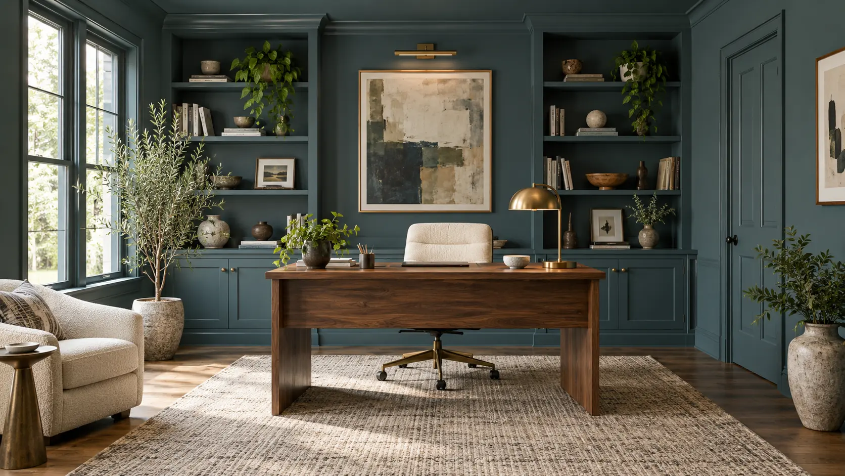 Color-drenched blue-green home office with a walnut desk, built-in shelving, cream chair, brass lamp, and indoor plants.