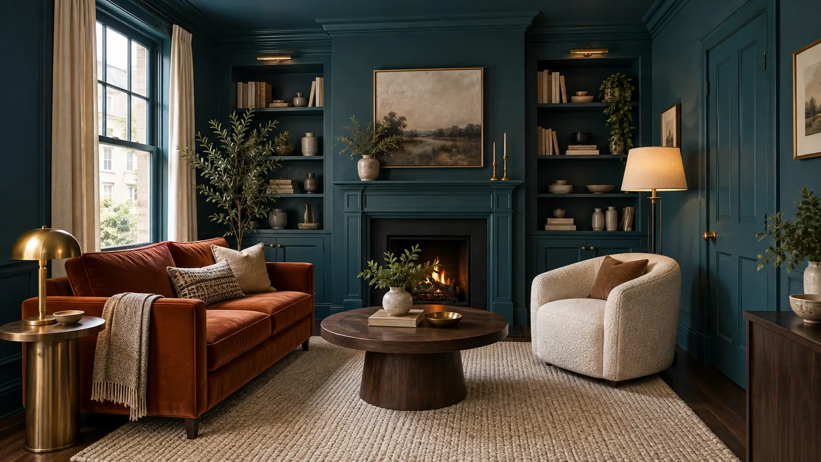 Small color-drenched living room with deep teal walls, rust sofa, cream chair, built-in shelving, and warm brass lighting.