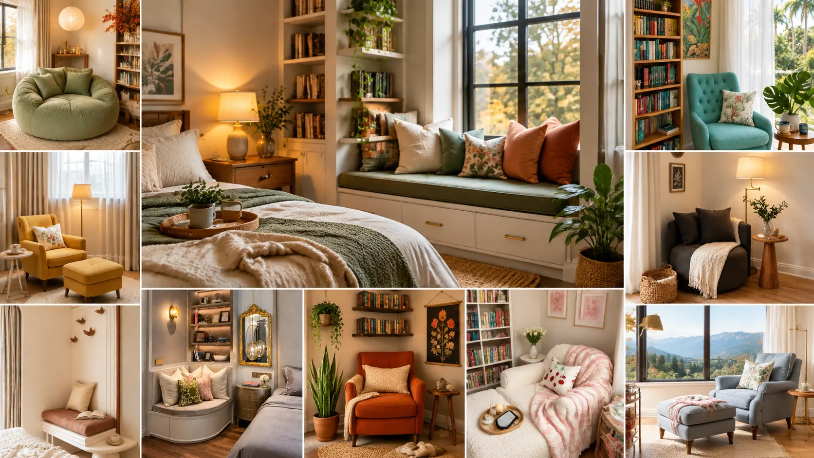 A collection of cozy bedroom reading nook ideas featuring comfortable chairs, window seats, built-in benches, bookshelves, warm lighting, soft textiles, and stylish book corners in modern bedrooms.