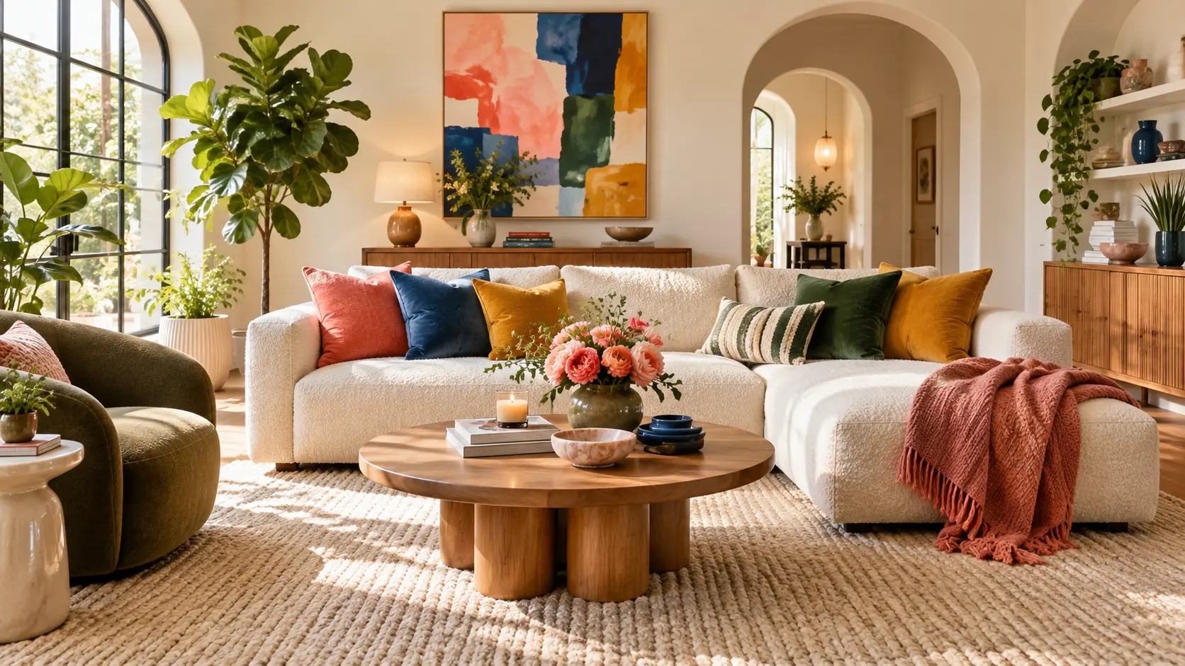 Modern cozy living room with a cream sofa, colorful cushions, warm wood furniture, plants, and layered textures.