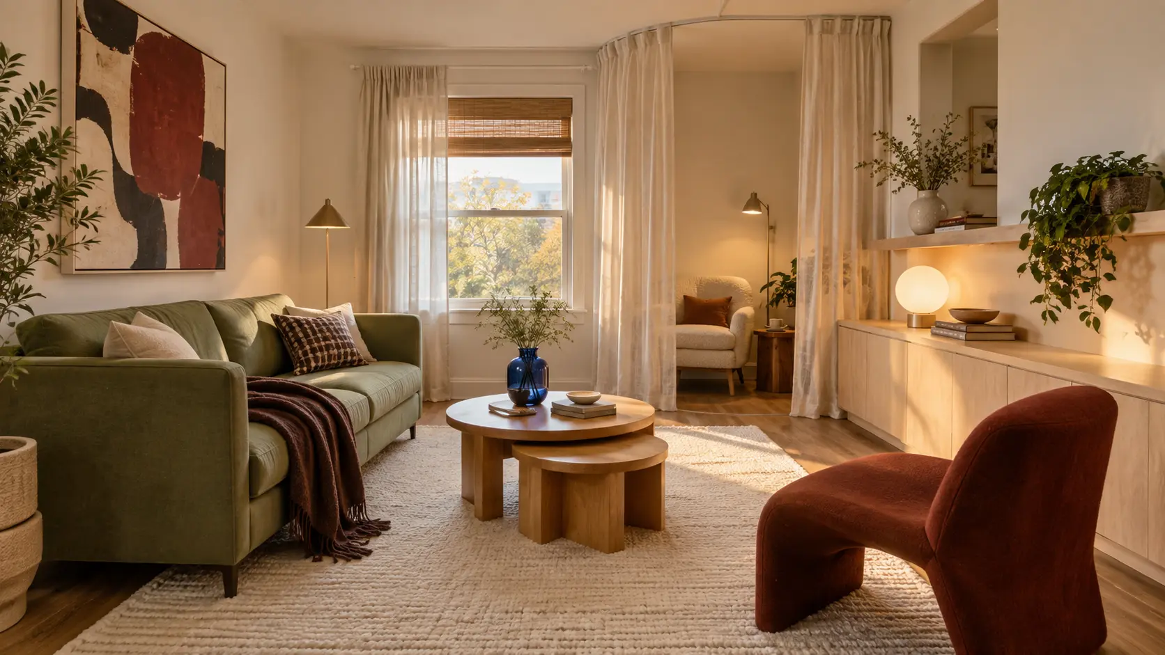 Modern small living room with a green sofa, rust accent chair, built-in storage, and warm layered lighting.