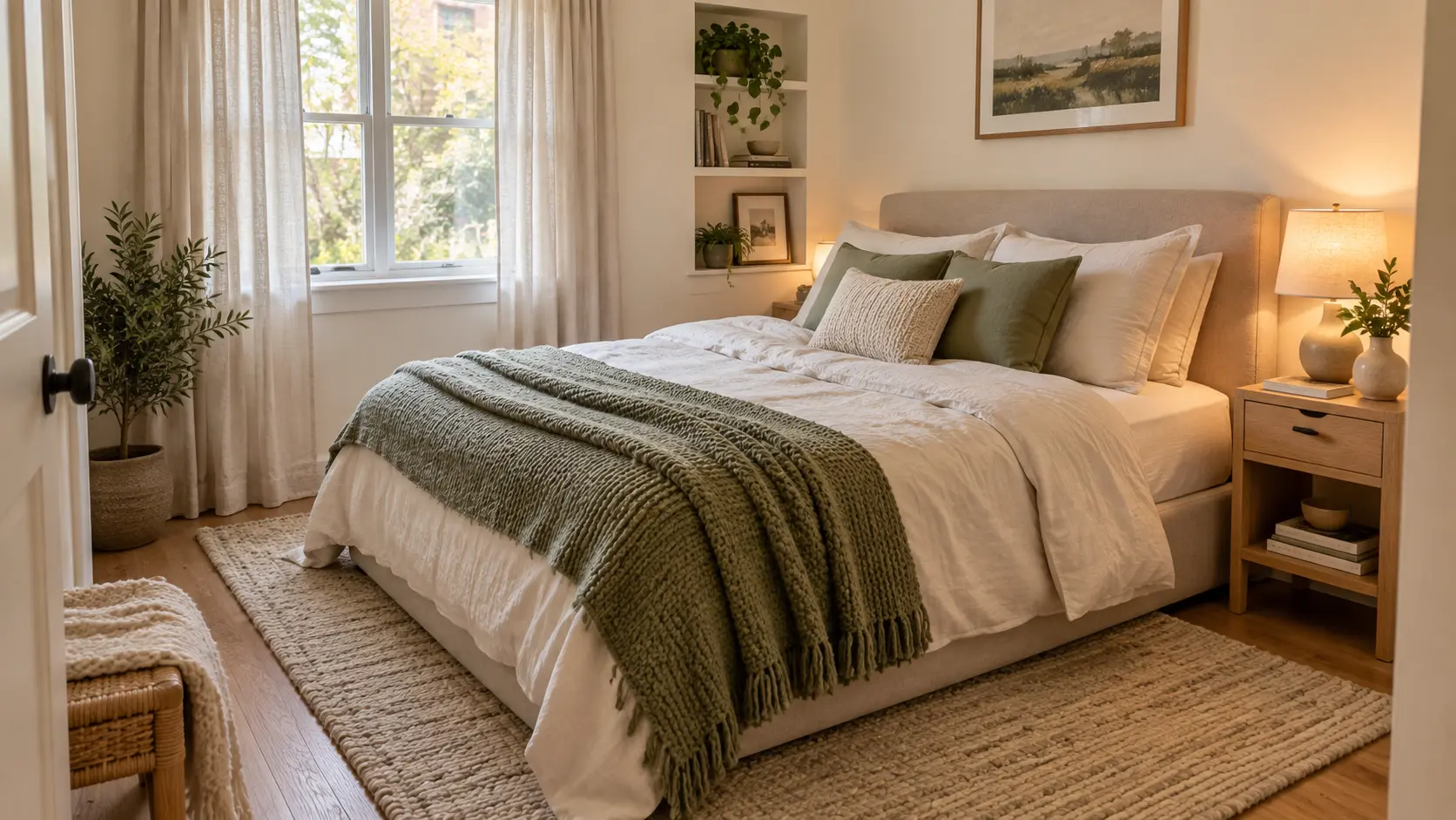 Cozy small bedroom with warm lighting, sage green bedding, soft neutral textures, and space-saving furniture.