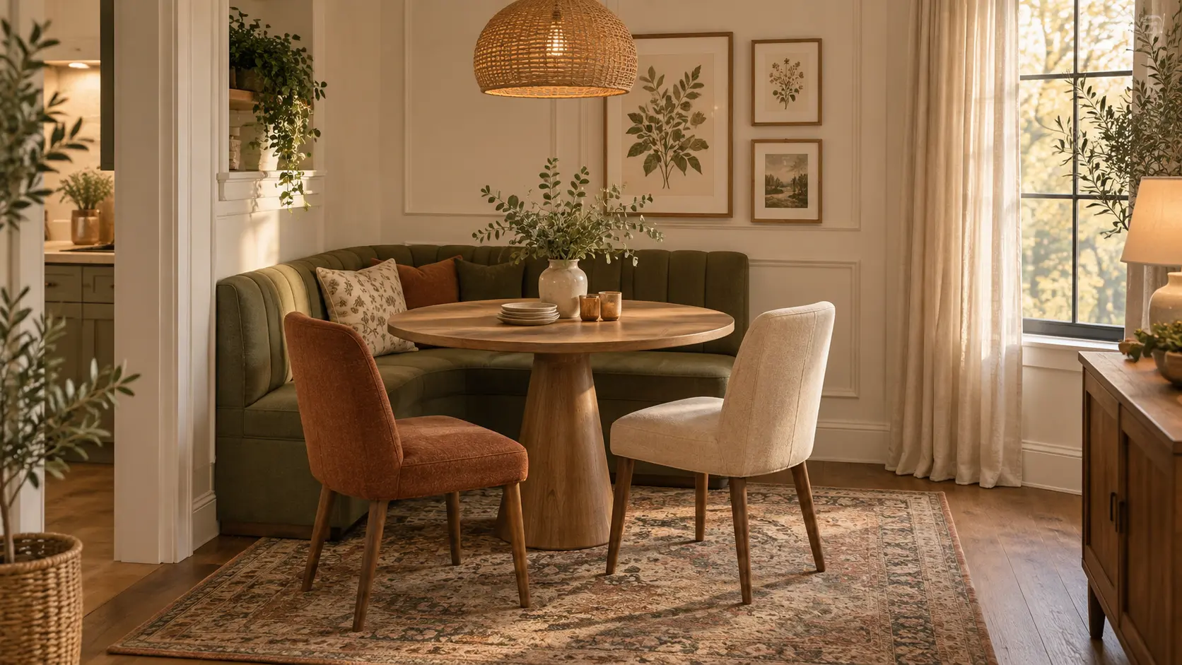 Cozy small dining room with an olive-green banquette, round wooden table, warm lighting, upholstered chairs, and a vintage-style rug.