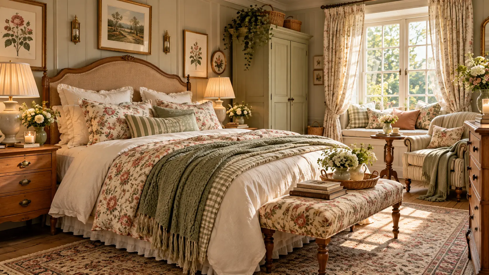 A cozy English cottage bedroom with floral bedding, sage green accents, vintage furniture, natural textures, and warm sunlight creating a timeless countryside retreat