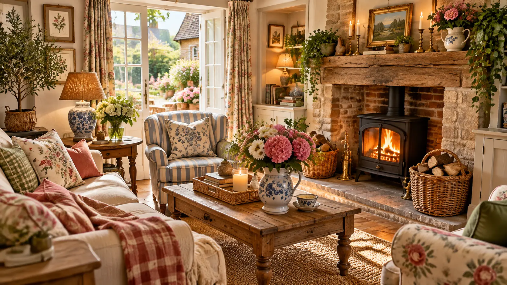 Cozy English cottage living room with rustic fireplace, floral furniture, wooden coffee table, candles, and countryside decor
