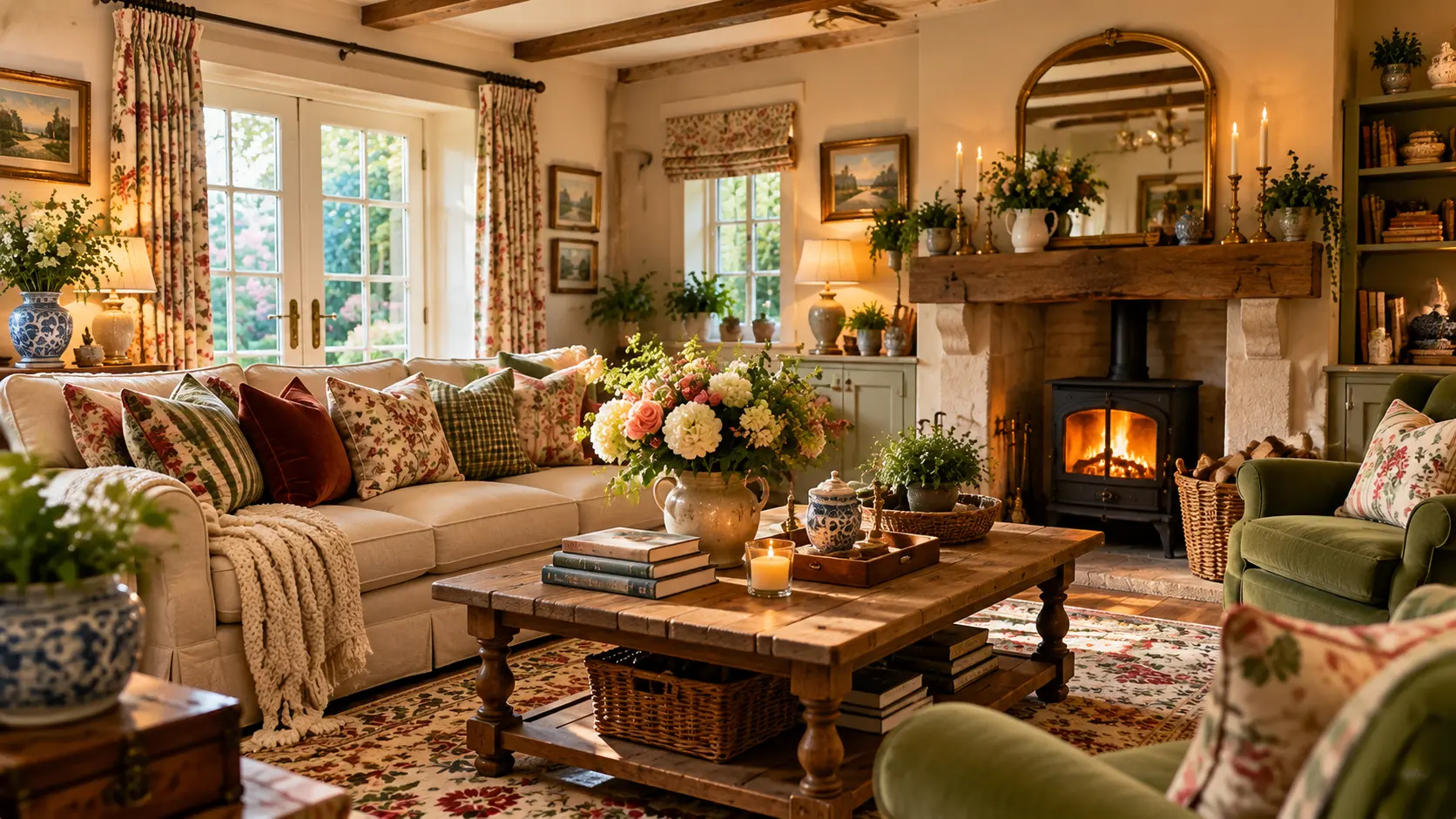 Cozy English cottage living room with rustic fireplace, floral cushions, wooden furniture, and vintage countryside decor