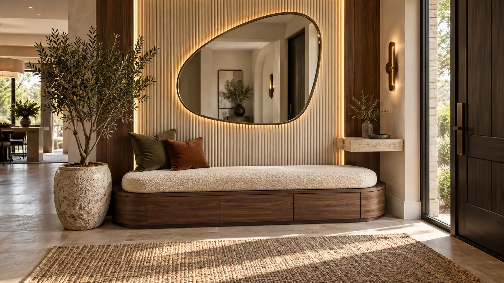 Luxury entryway bench with hidden storage, organic mirror, fluted wall, warm lighting, and olive tree.