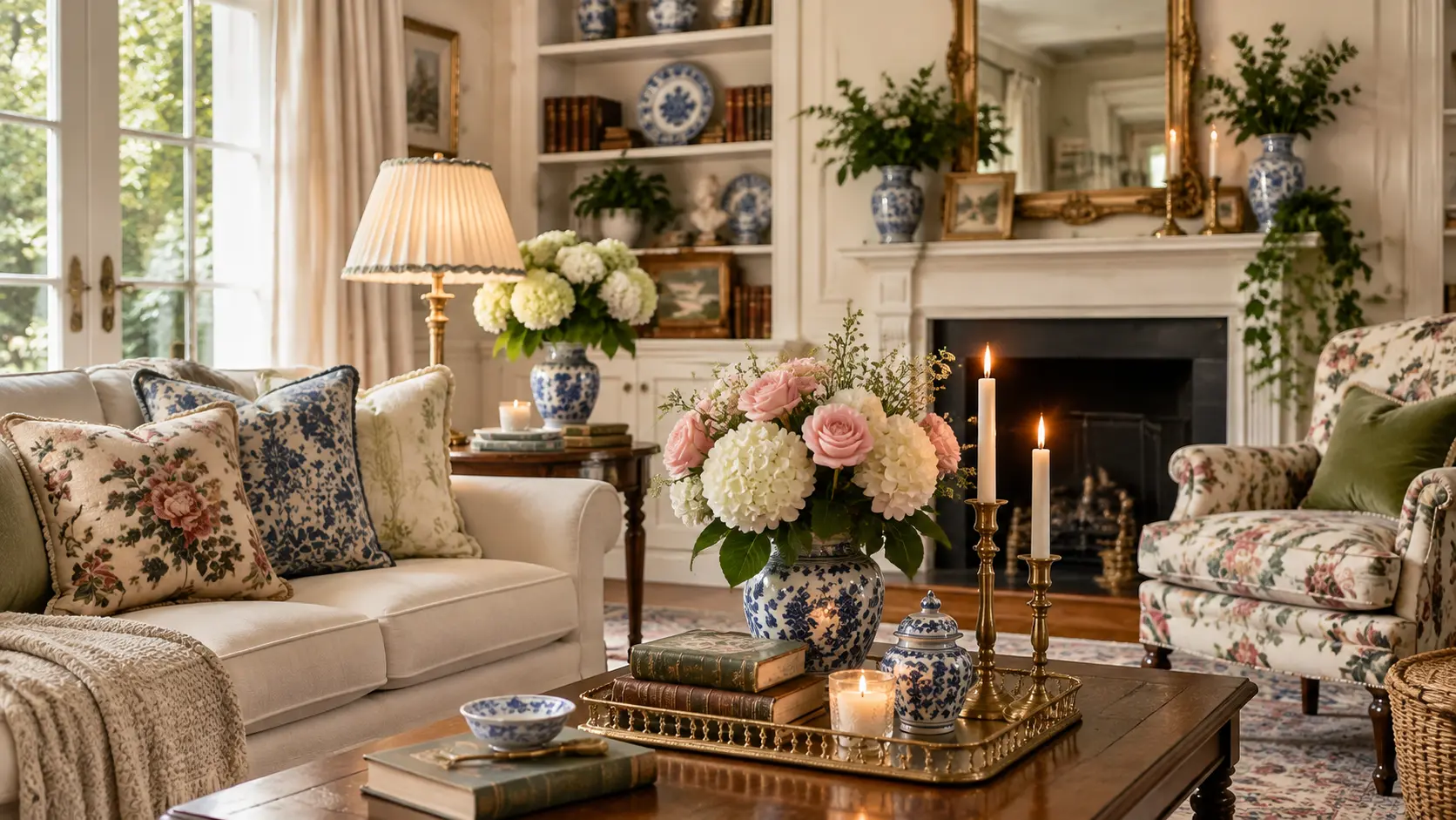 A cozy grandmillennial living room featuring blue and white porcelain, floral pillows, antique brass accents, vintage books, fresh flowers, and timeless traditional decor.