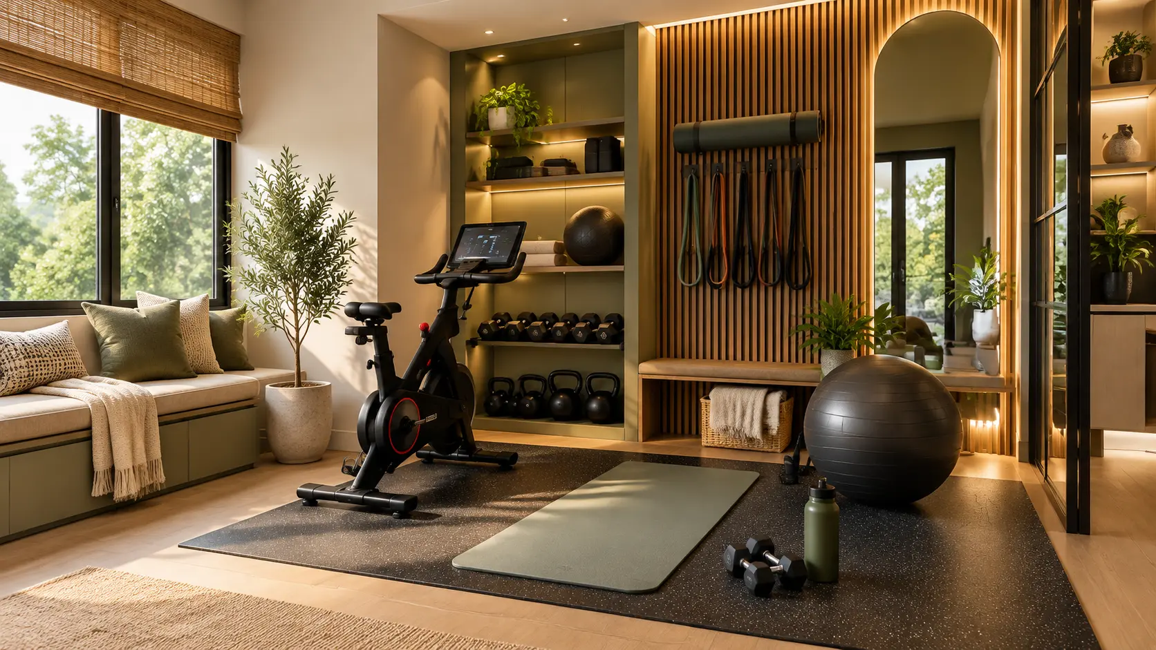 Stylish small home gym with compact exercise equipment, yoga mat, dumbbells, smart storage, wood accents, and modern interior design