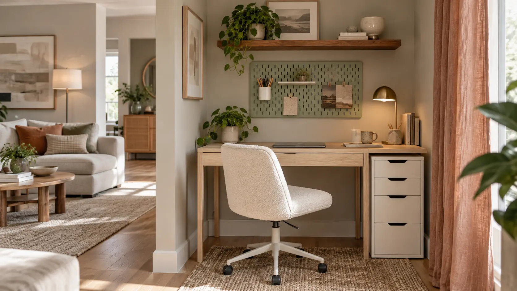 Stylish IKEA home office in a small living space with a compact wood desk, pegboard storage, and terracotta curtains.