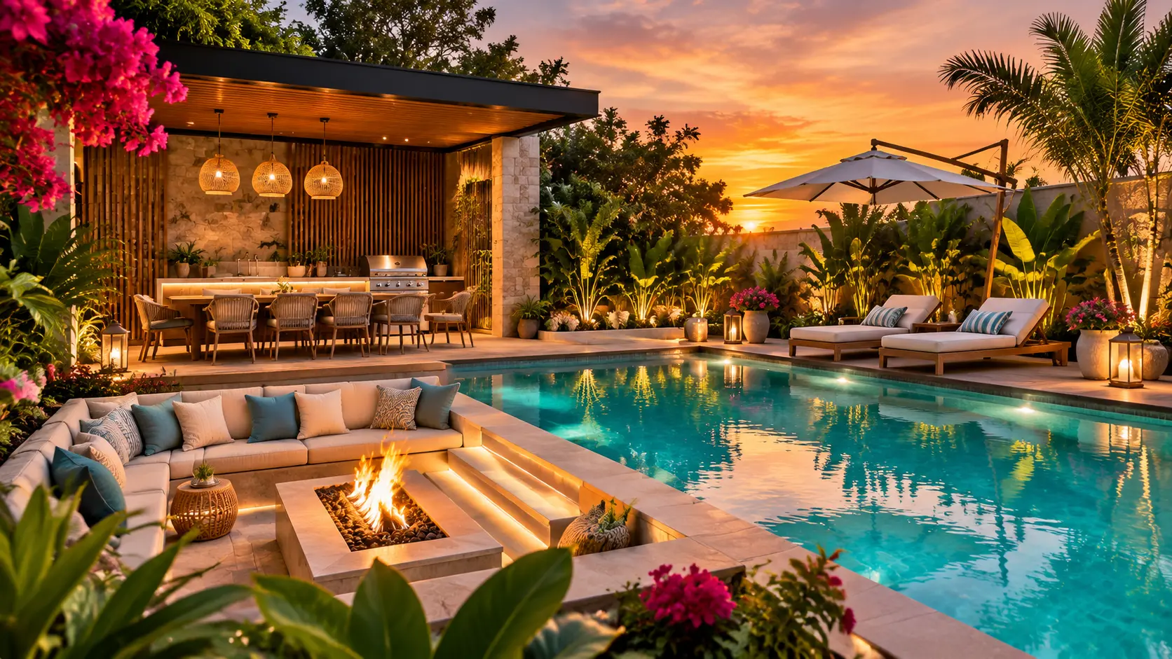 Luxury backyard pool area with modern outdoor seating, fire pit lounge, tropical landscaping, and warm evening lighting for a stylish retreat