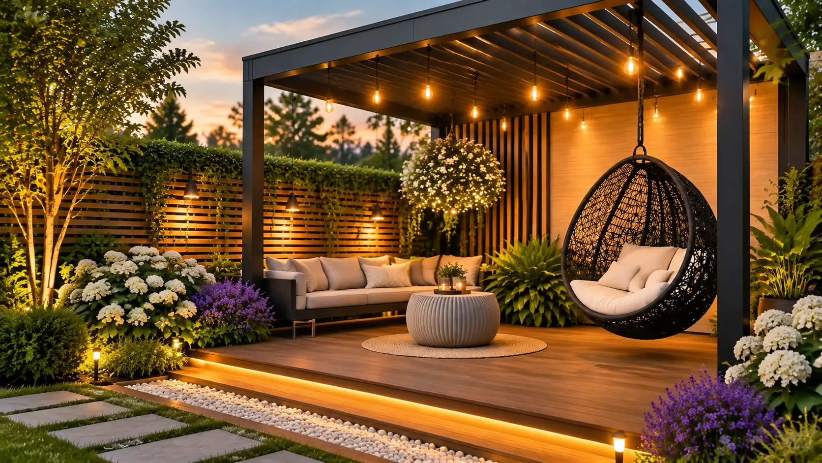 Modern black frame pergola with warm string lights, outdoor sofa, hanging egg chair, wooden deck, and lush greenery creating a stylish backyard lounge space.
