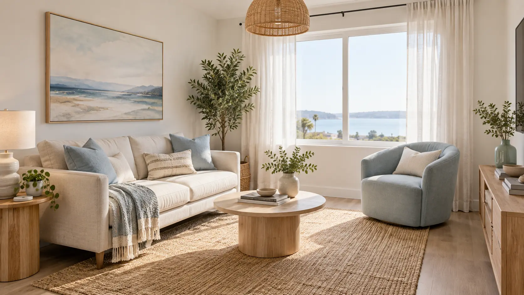 Small modern coastal living room with an off-white sofa, pale blue chair, woven rug, light wood furniture, and ocean-inspired decor.