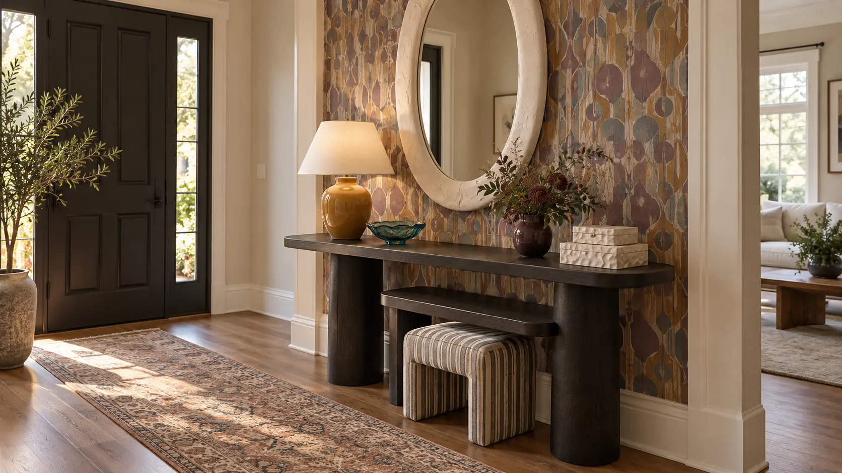 Modern entryway with a dark wood console, patterned accent wall, oval mirror, table lamp, and striped stool.