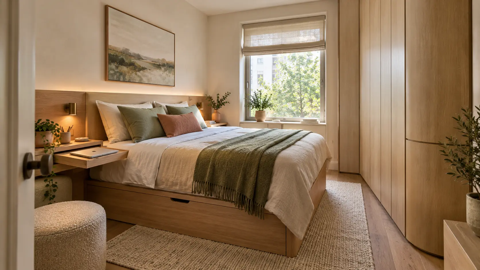 Modern small bedroom with a storage bed, built-in wardrobe, multifunctional headboard, and warm natural decor.
