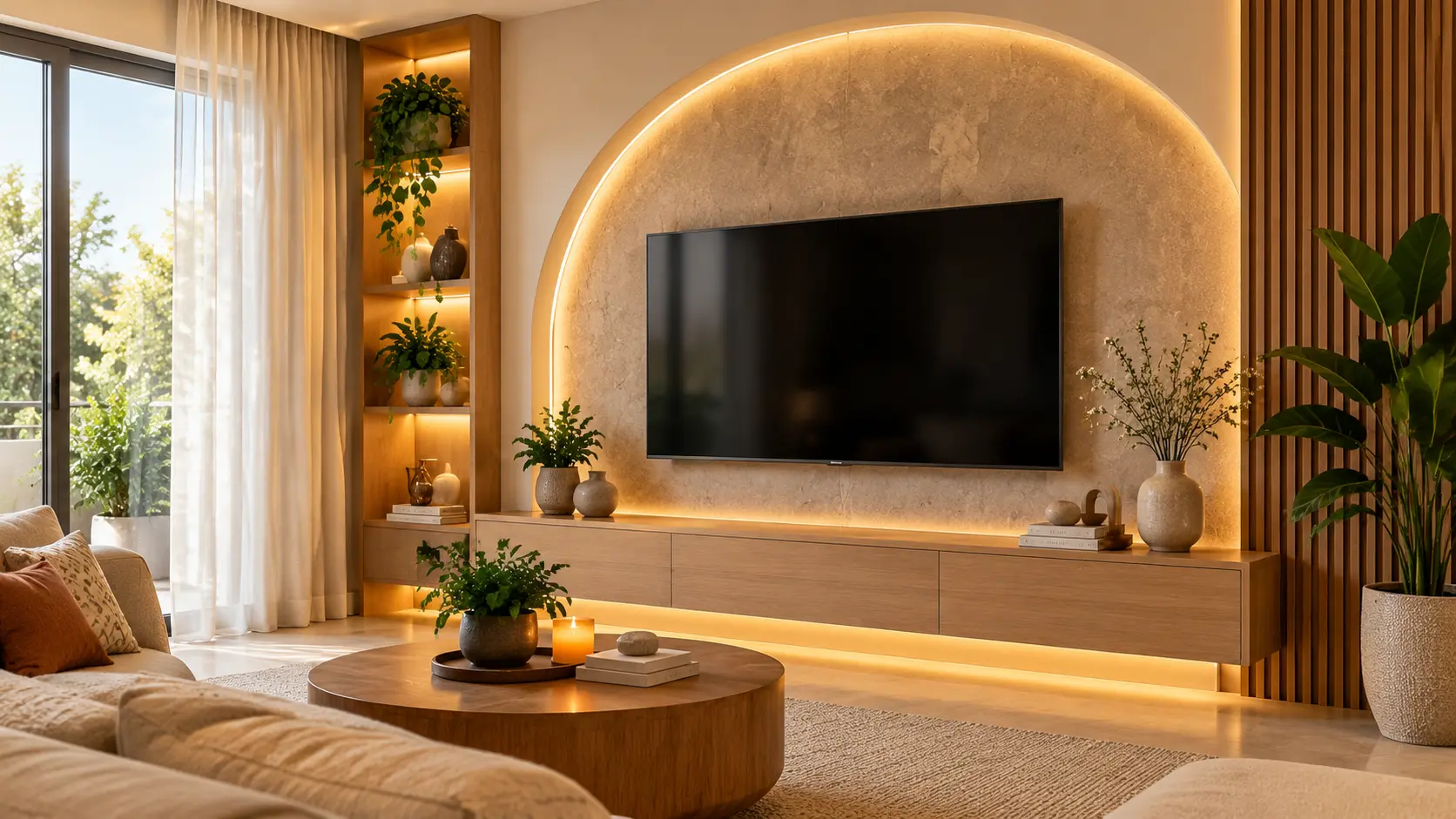 Modern living room featuring a stylish TV wall with an arched textured feature wall, floating wooden console, warm LED lighting, built-in shelves, and contemporary decor