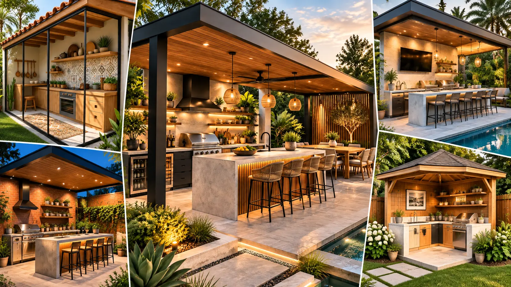 Modern outdoor kitchen ideas featuring covered cooking spaces, backyard islands, poolside kitchens, and stylish entertaining areas