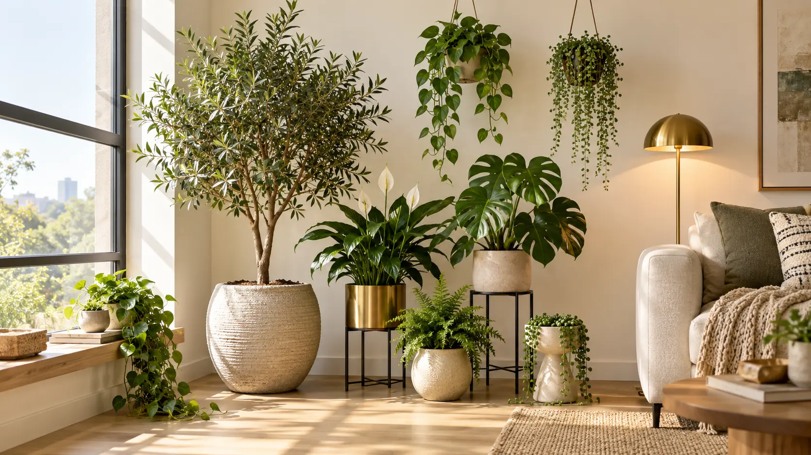 Stylish indoor plant corner with a statement tree, hanging plants, and layered planters in a bright modern living room.
