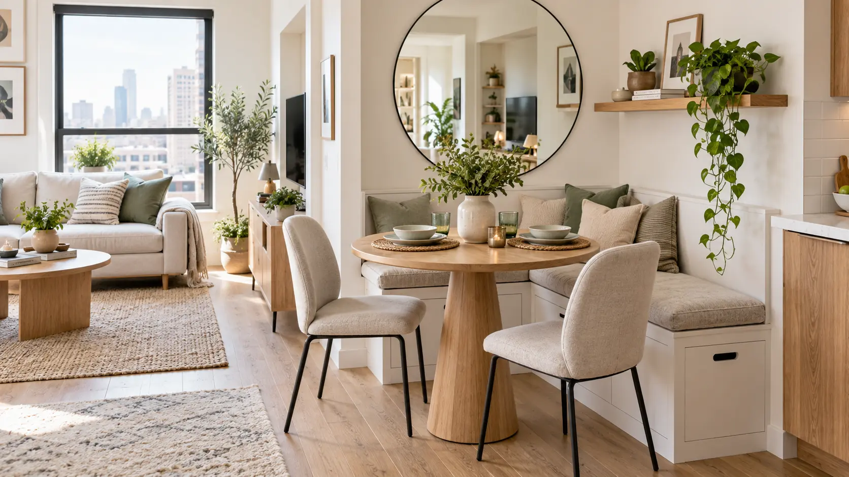 Small apartment dining room with a compact round table, built-in storage bench, modern chairs, and space-saving decor.