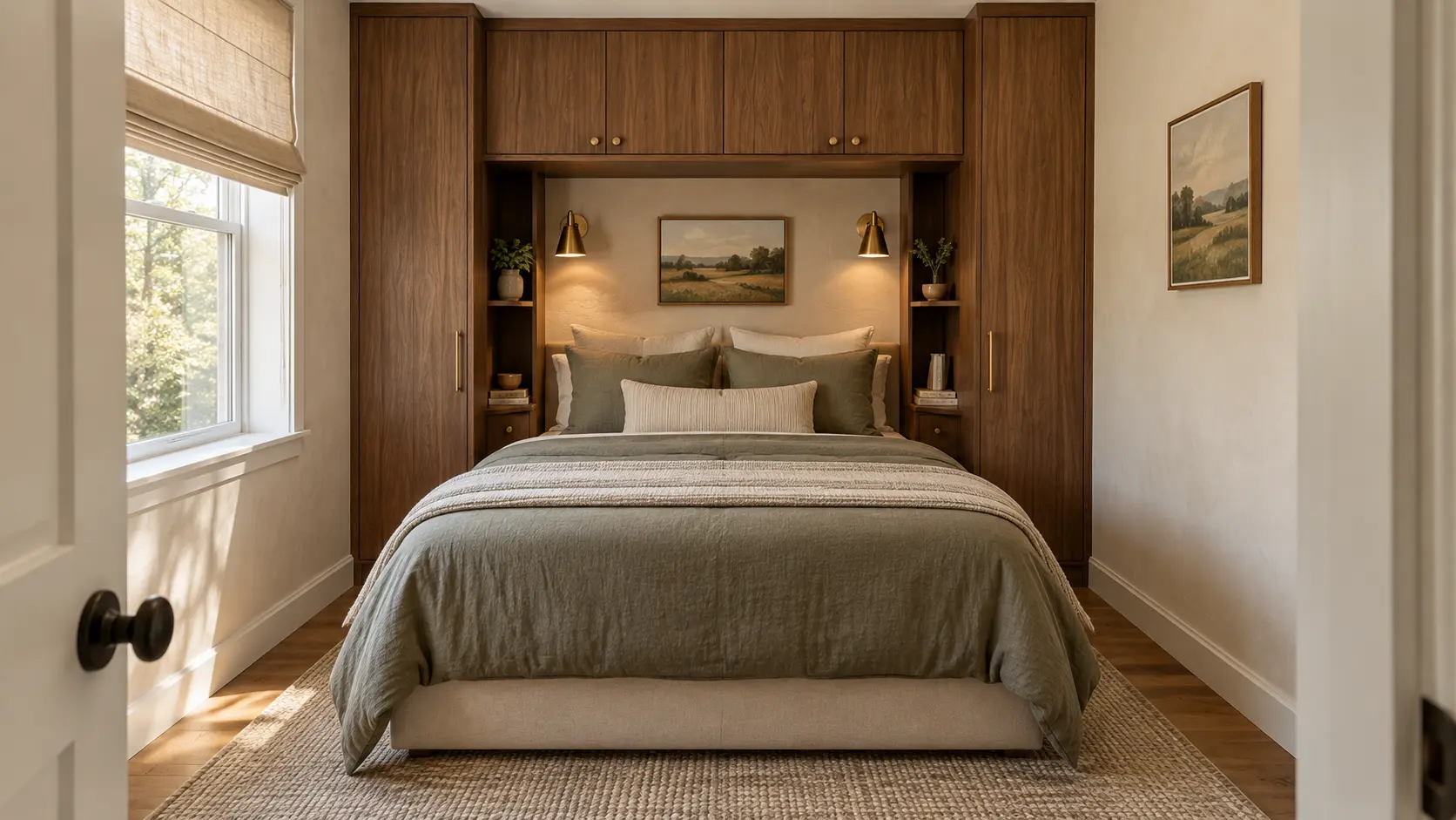Beautiful 10x10 small bedroom layout with a queen bed, walnut storage wall, and clear walking space.