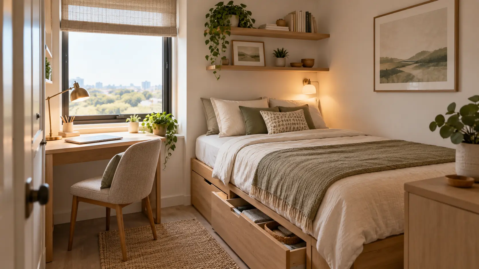 Small bedroom layout with a space-saving desk beside the bed.