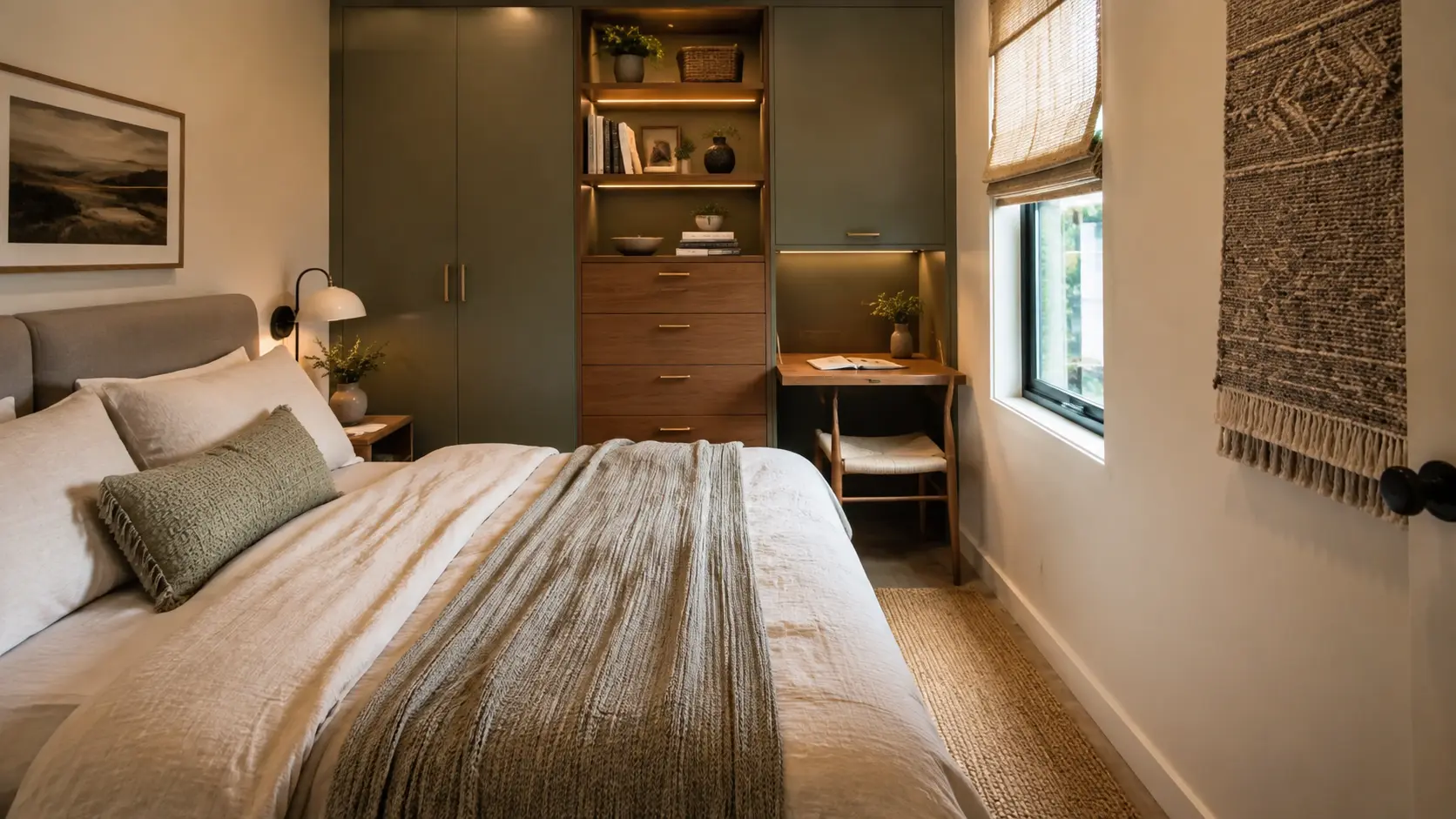 Small bedroom with a compact sage-green storage wall, wardrobe, drawers, fold-down desk, queen bed, and narrow walking space