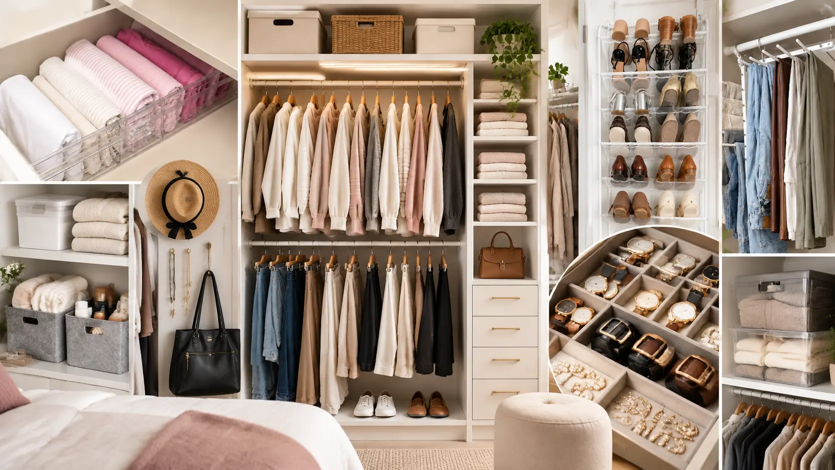 Small closet organization ideas featuring a neatly organized bedroom wardrobe with hanging clothes, storage baskets, shoe organizers, drawer dividers, and space-saving storage solutions