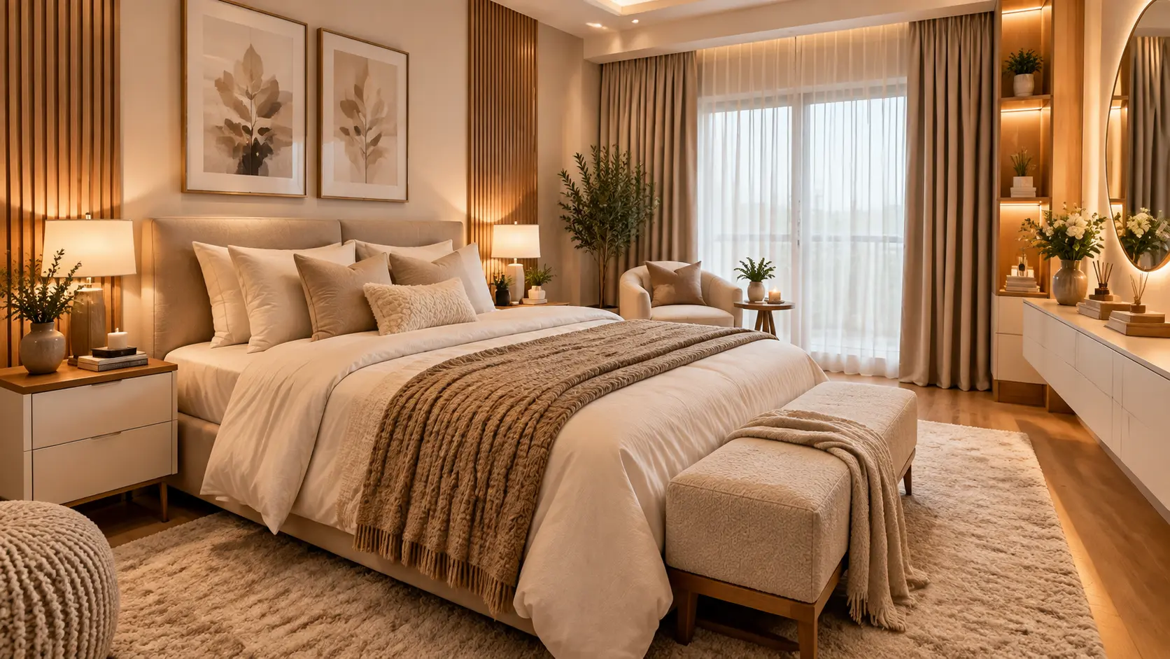 Cozy modern bedroom design for couples with a neutral color palette, layered lighting, textured bedding, wood accents, and smart small space decor ideas