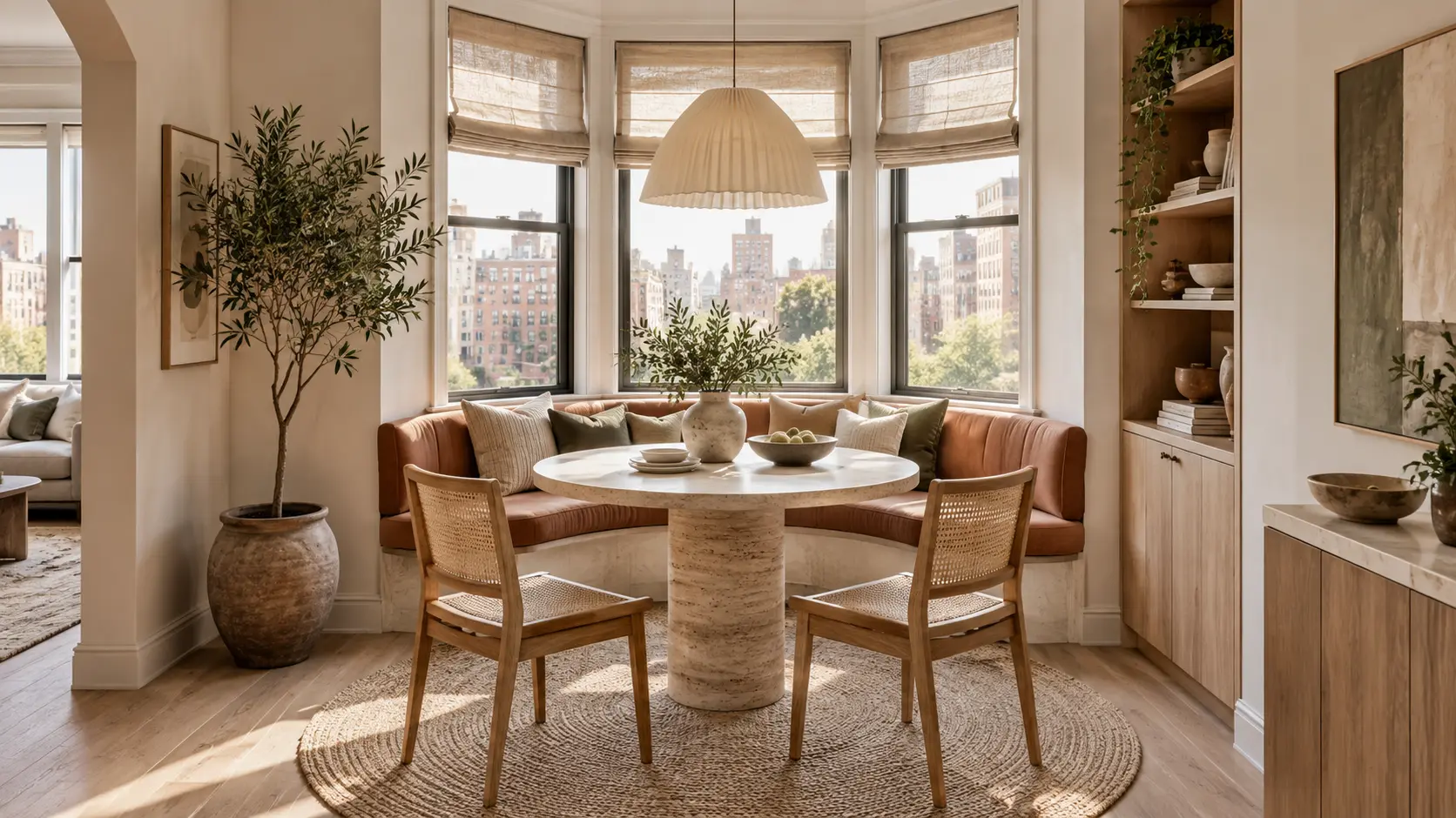 Small dining room with a round travertine table, curved bay-window bench, cane chairs, built-in storage, and warm neutral decor.
