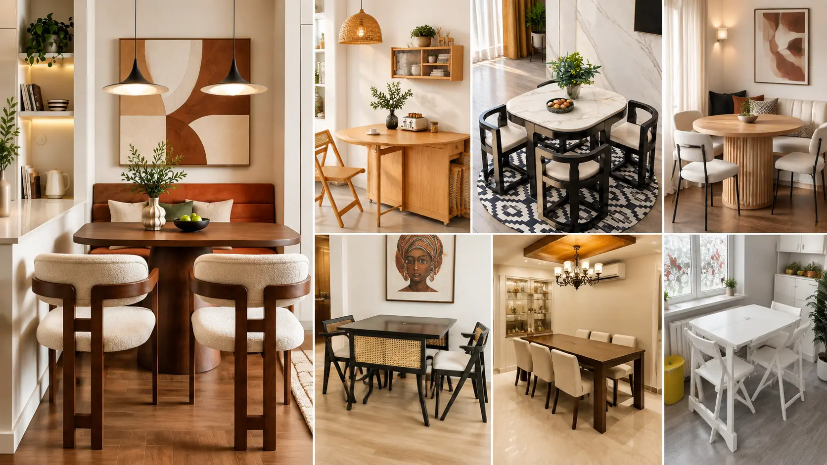 Small dining room table ideas for tight spaces featuring compact round tables, slim dining furniture, built-in seating, and stylish space-saving layouts