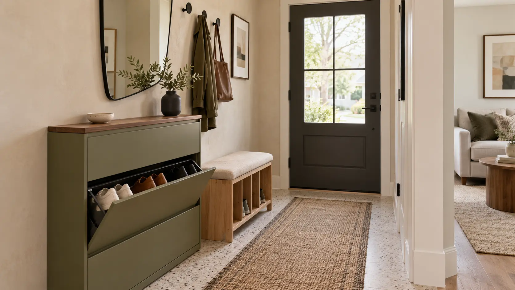 Modern small entryway featuring a slim shoe cabinet, storage bench, wall hooks, and mirror.