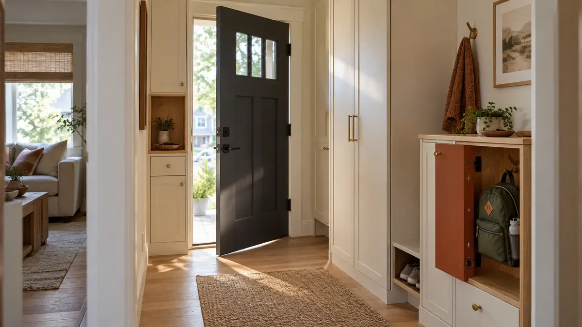 “Small entryway storage ideas with built-in cabinets, a child’s backpack compartment, key storage, and a clear walkway.”