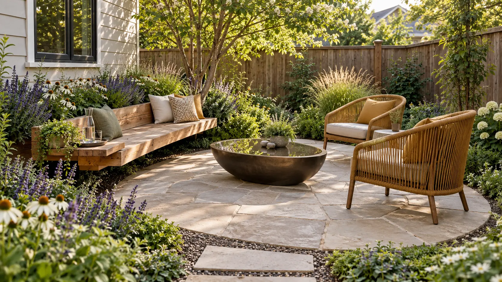 Small garden seating area with a floating cedar bench, woven outdoor chairs, an oval bronze water bowl, and pollinator flowers.