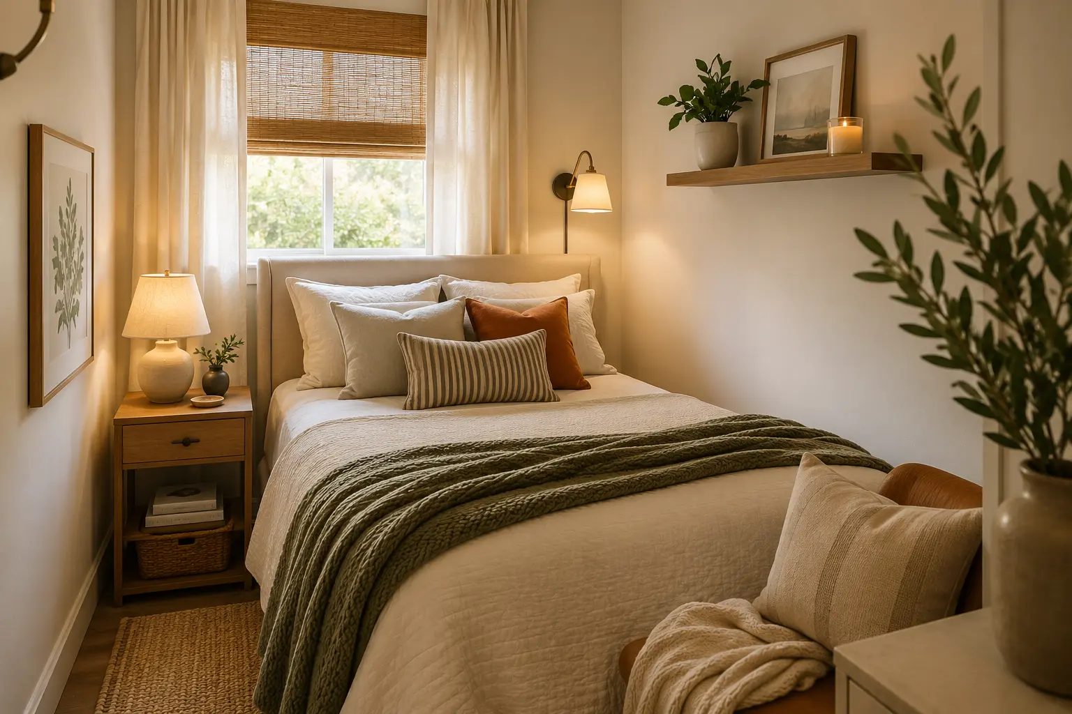 Cozy small guest bedroom with a neatly made bed, layered neutral bedding, warm wood furniture, woven window shade, soft lighting, plants, and inviting decor.