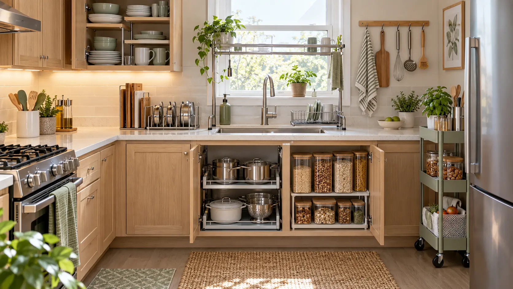 Modern small kitchen featuring organized cabinets, pantry containers, cookware storage, wall hooks, an over-sink rack, and a slim rolling cart.