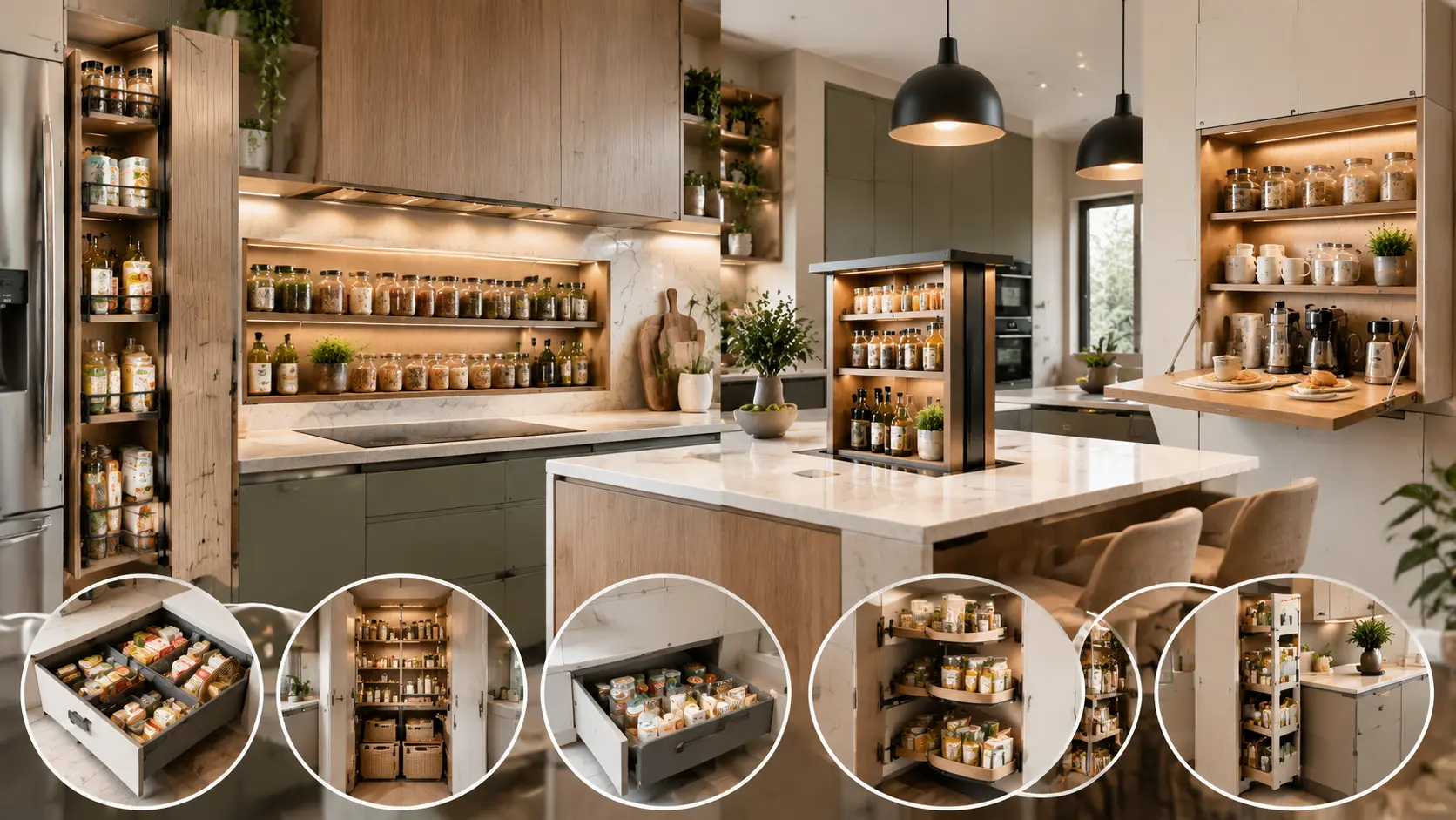 Modern small kitchen pantry ideas featuring space-saving storage solutions, pull-out cabinets, hidden pantry shelves, and organized kitchen storage designs