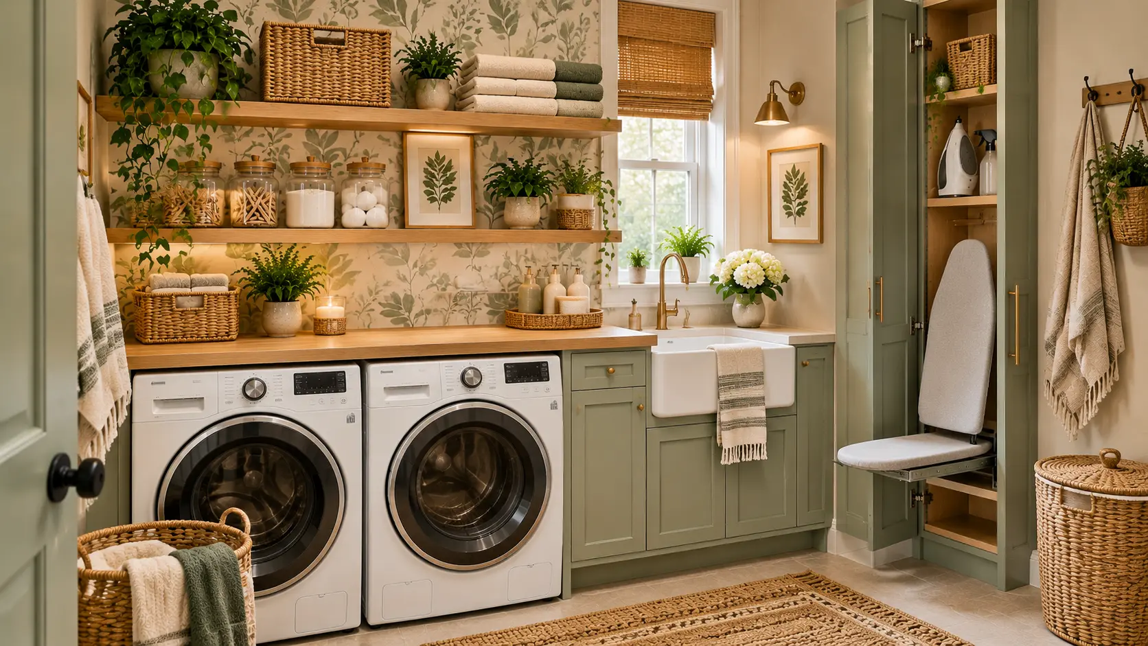 Small laundry room ideas on a budget featuring sage cabinets, wooden shelves, wicker baskets, washer dryer storage, and cozy farmhouse decor