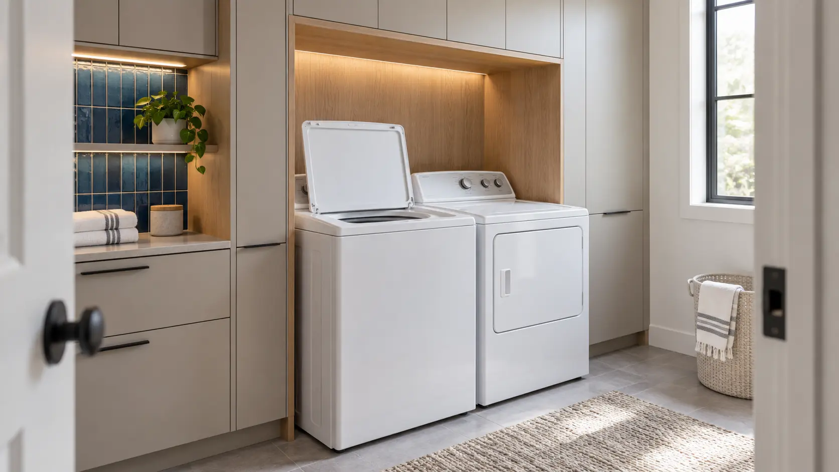 Modern small laundry room with a top-loading washer, dryer, oak-framed storage, mushroom cabinets, and blue tile.