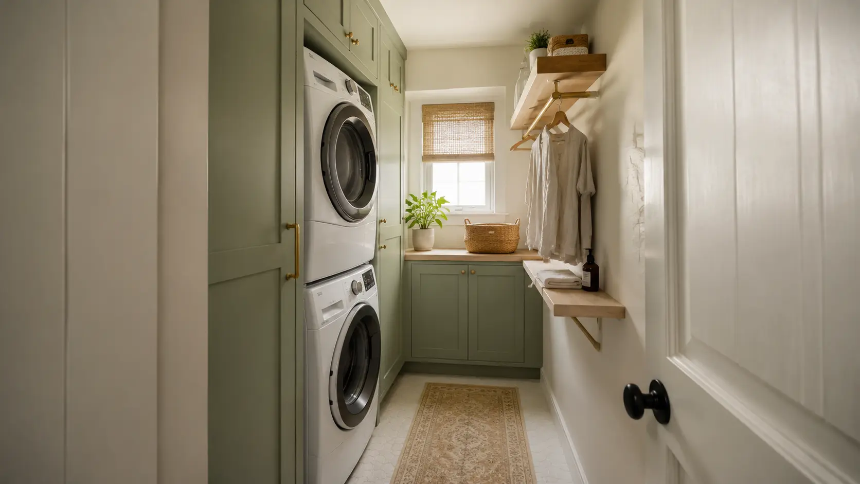 Small narrow laundry room with sage green cabinets and a stackable washer and dryer