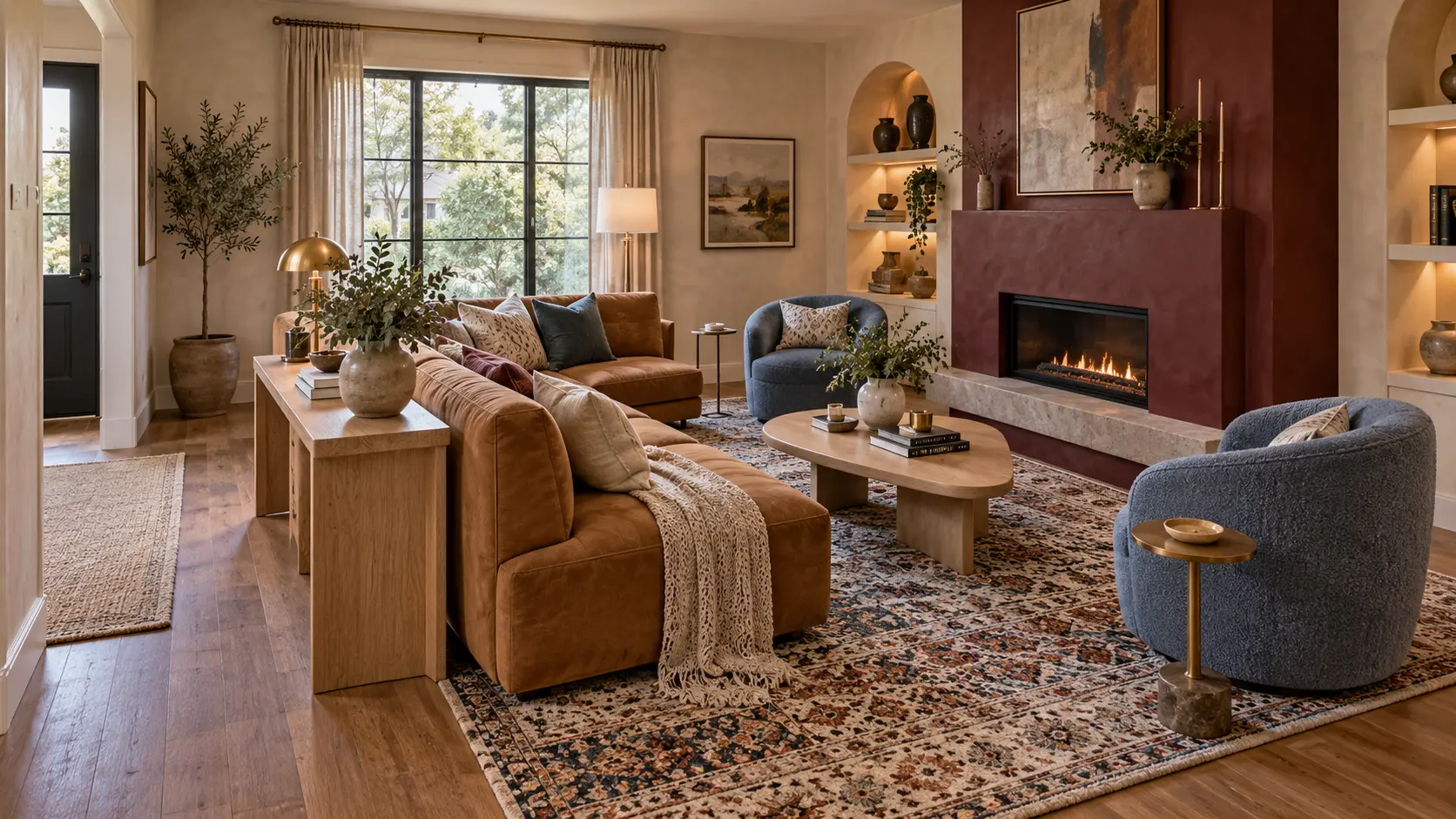 Stylish small living room with a floating caramel sofa, blue accent chairs, a burgundy fireplace wall, and a clear conversation layout.