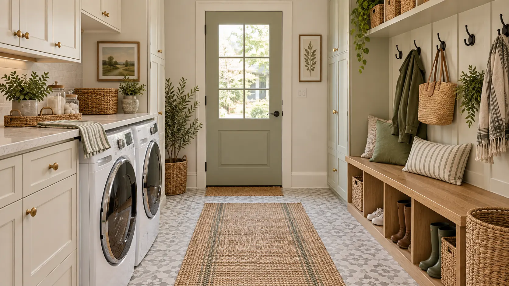 Small mudroom laundry room with white cabinets, front-load appliances, a built-in wood bench, hooks, baskets, and patterned tile flooring.