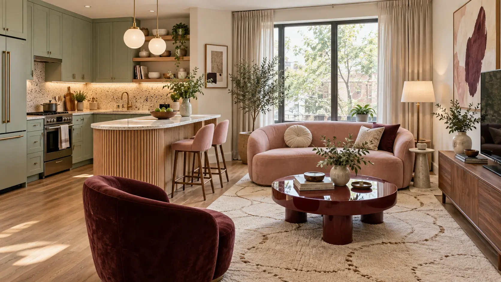 “Small open-plan kitchen and fully furnished living room with sage-green cabinets, a curved peninsula, blush sofa, and burgundy accents.”