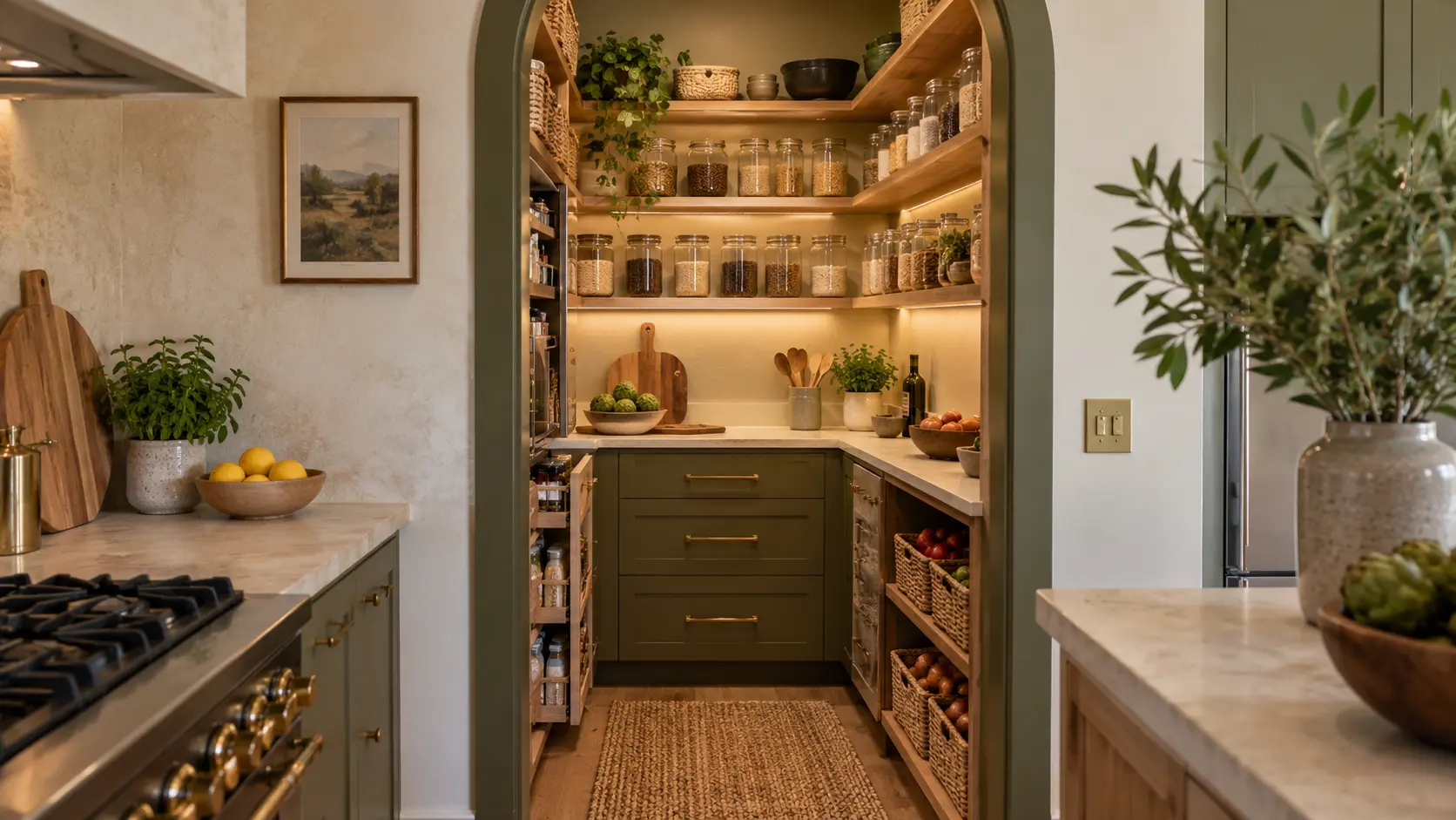 Modern small pantry with olive green cabinetry, warm oak shelves, organized food jars, woven baskets, and integrated lighting.