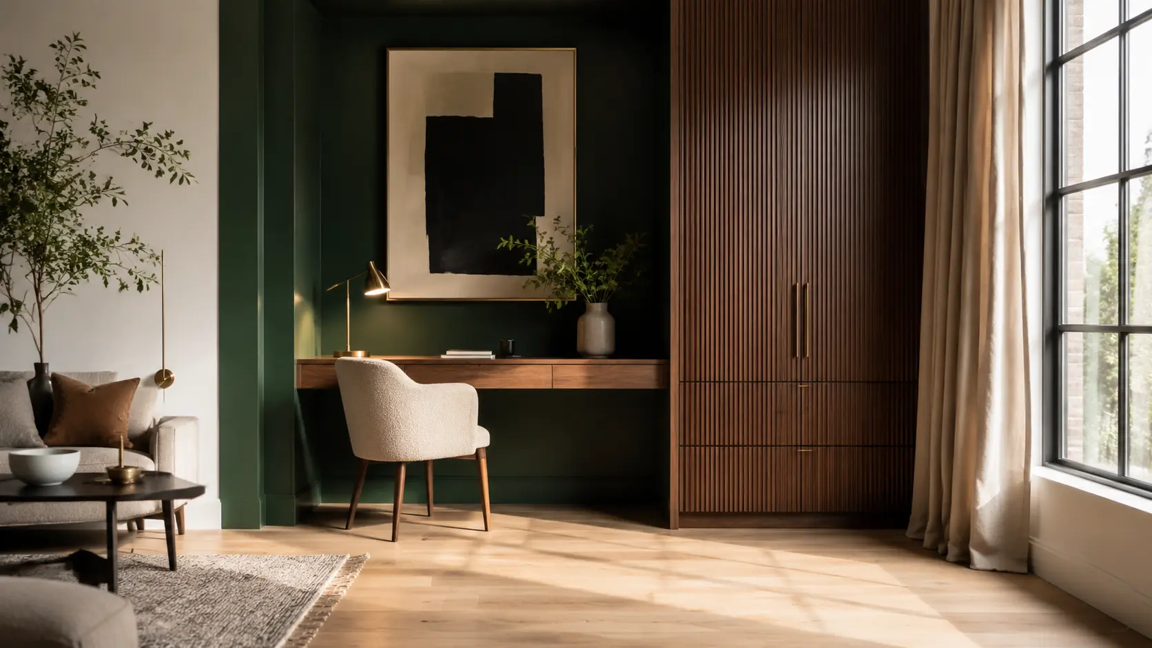 Modern small-space home office with an emerald wall niche, walnut floating desk, fluted wood storage cabinet, and cream chair