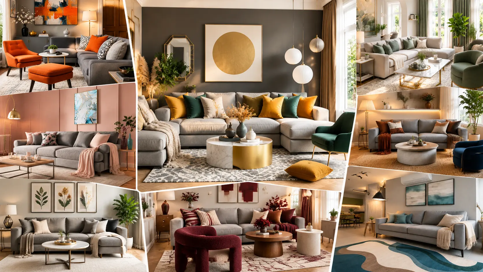 Stylish grey sofa living room ideas featuring orange, sage green, blush pink, mustard yellow, burgundy, and blue color combinations.