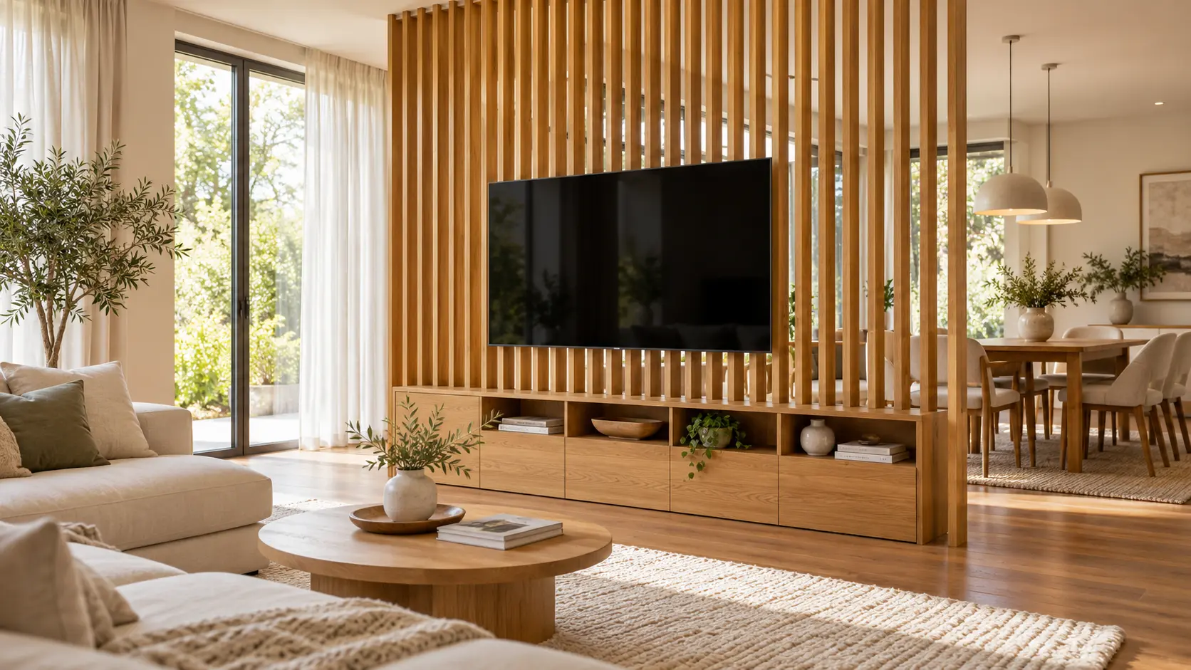 Wooden slat TV stand room divider with built-in storage separating an open living room and dining area.
