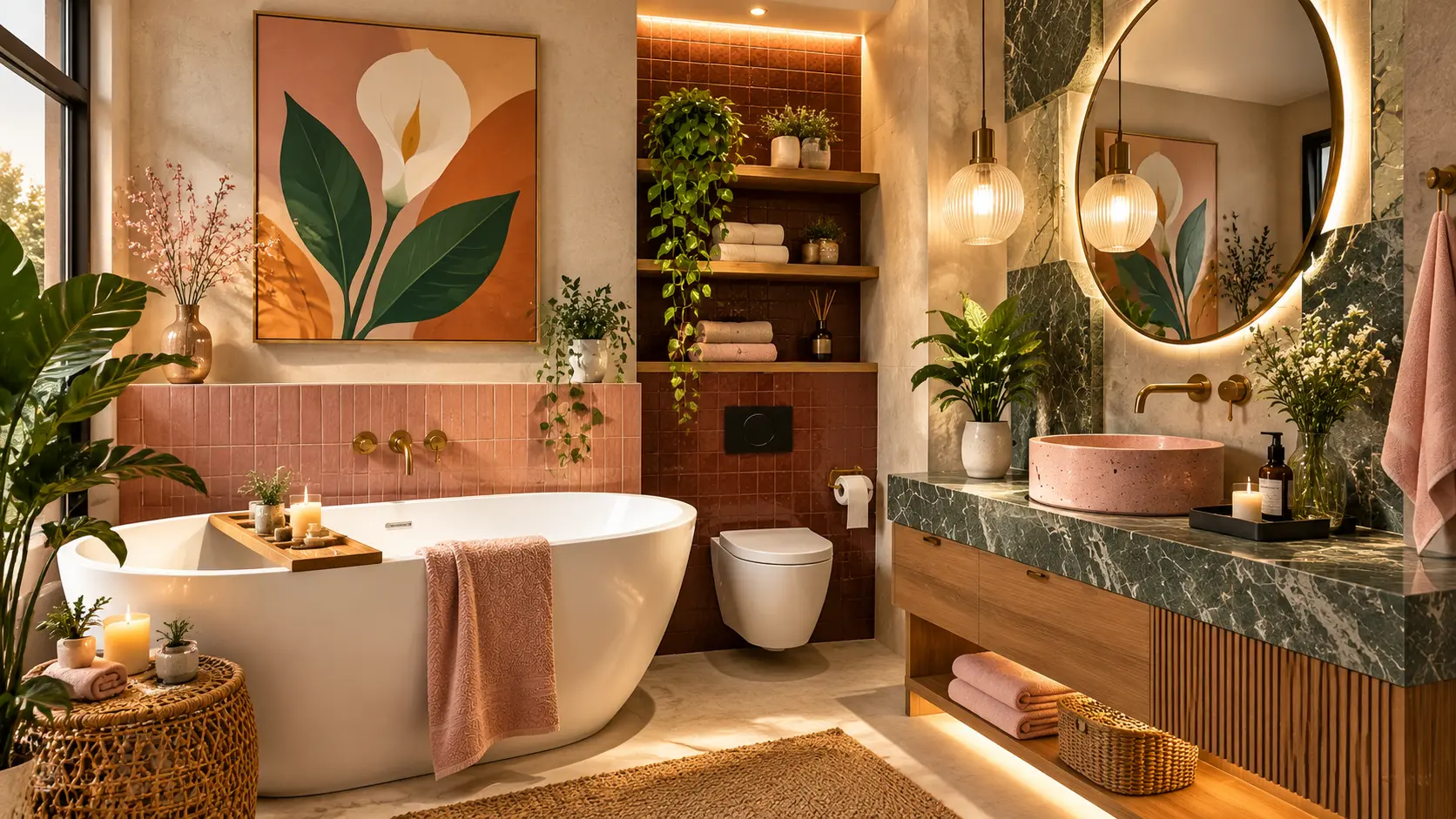 "Stylish bathroom wall decor ideas featuring floral artwork, floating wooden shelves, greenery, a backlit mirror, and warm modern accents for a more personal space."